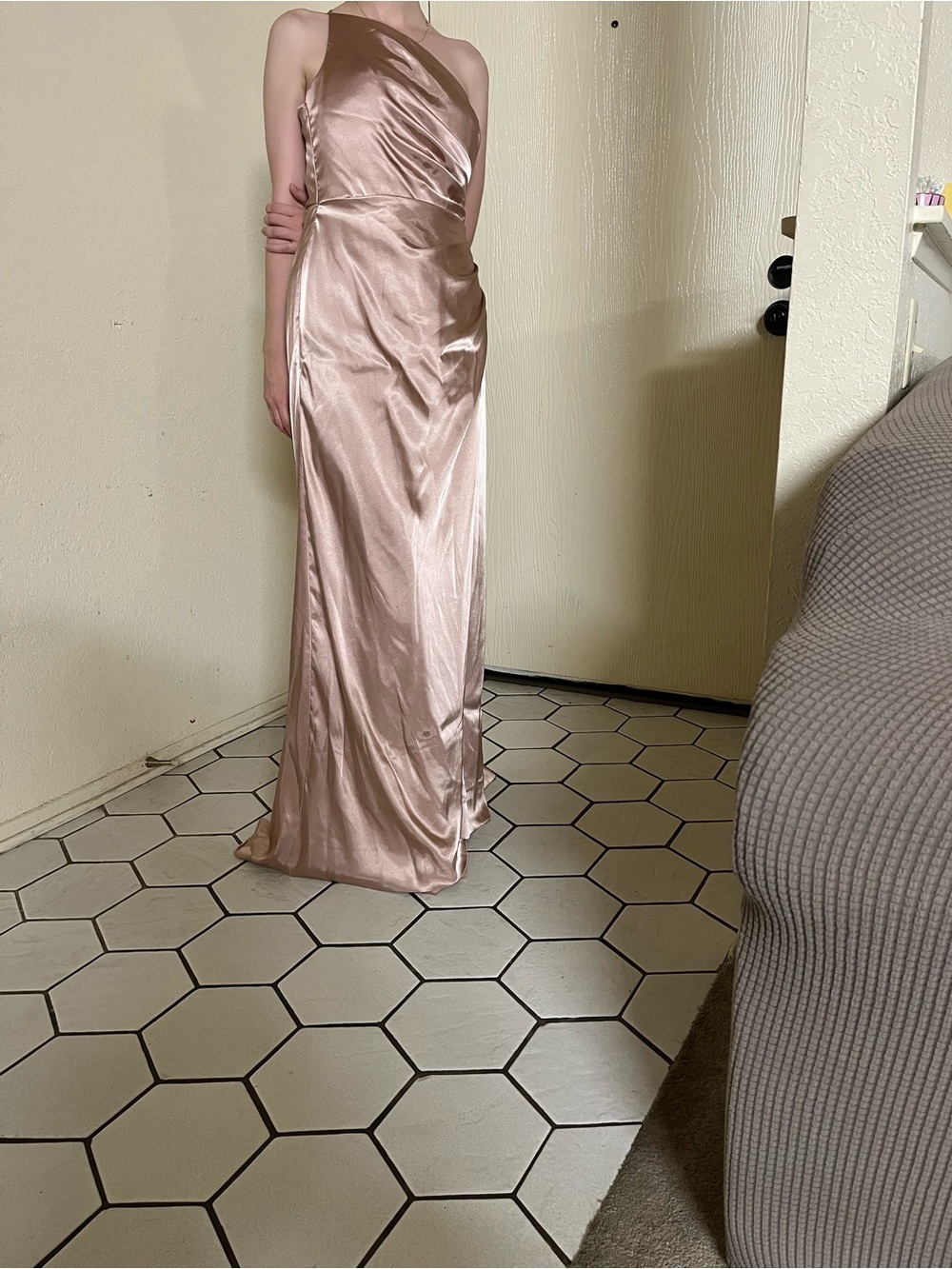 One-Shoulder Satin Evening Gown in Rose Gold
